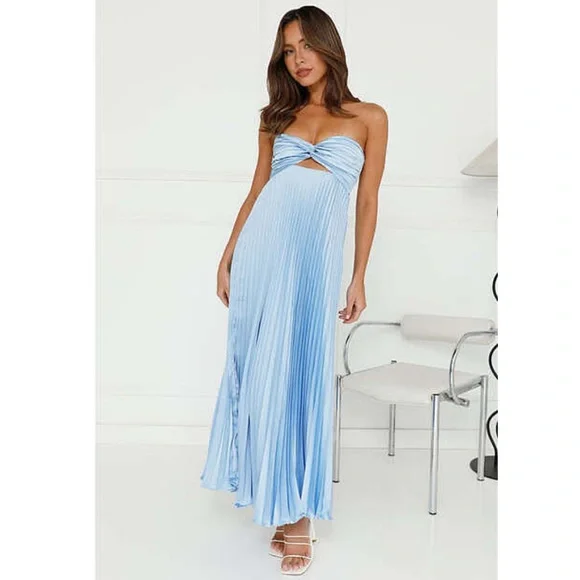 Hello Molly | Dresses | Hello Molly Blue Strapless Pleated Satin Dress |  Poshmark